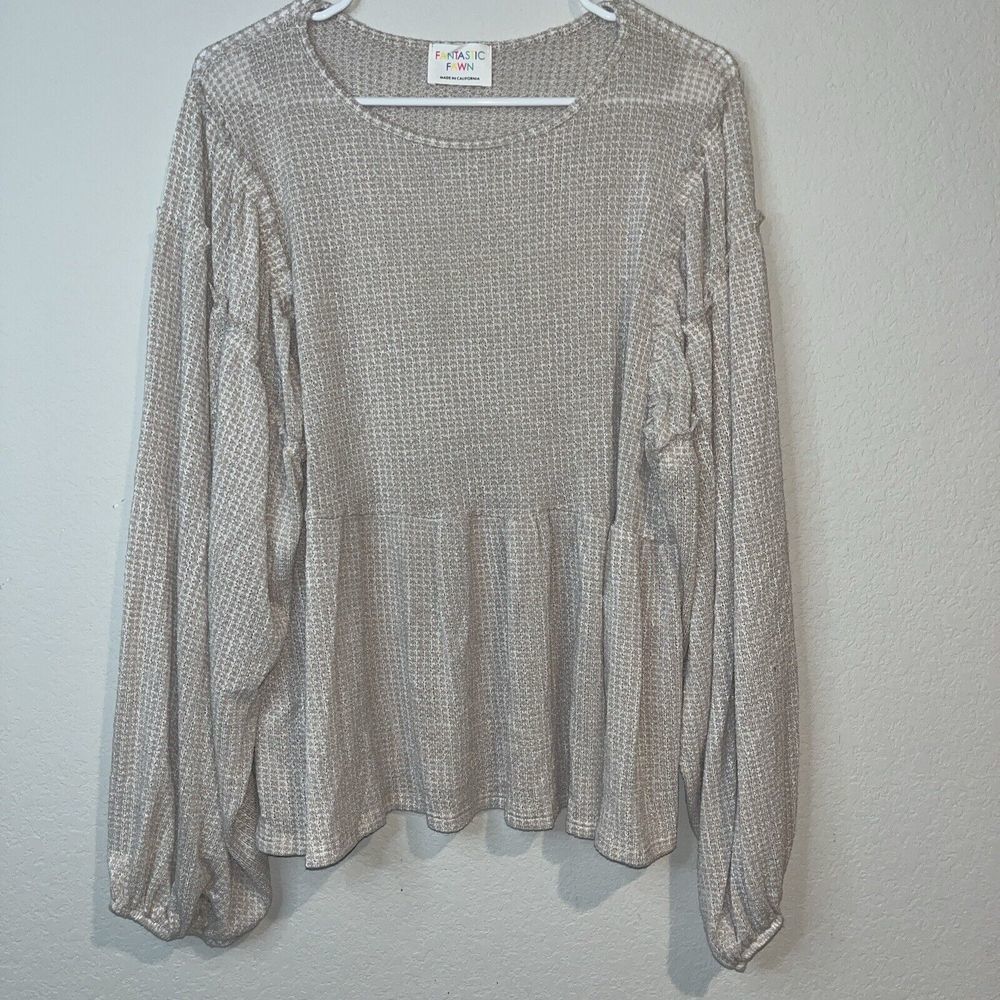 Fantastic Fawn Large Woman’s Boho Bubble Sleeve Waffle Knit Texture Large